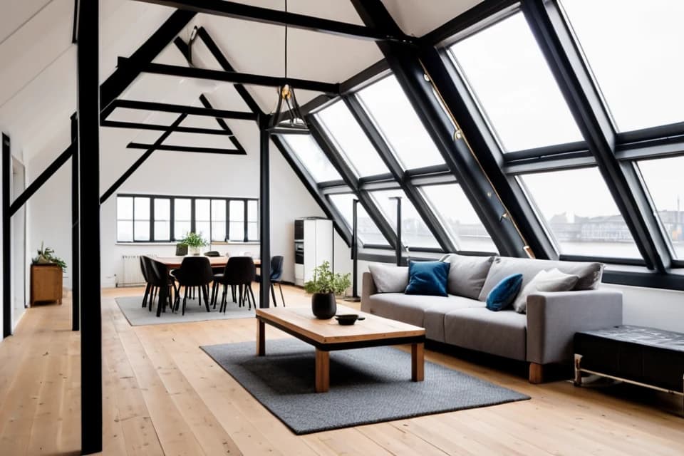 KI-Bild: Umgenutztes Hallenloft mit Stahlbindern und Holzkuben – Ansicht 1