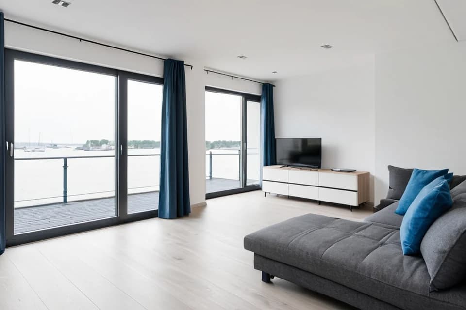 KI-Bild: Helle Kaiwohnung mit weiter Aussicht über das Hafenbecken – Ansicht 1