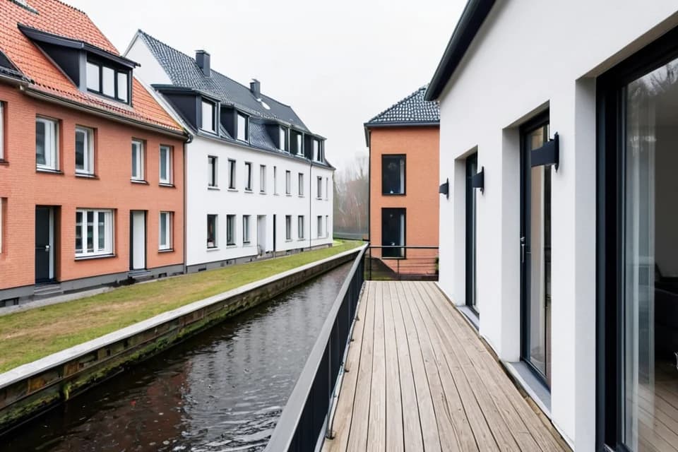 KI-Bild: Kompaktes Stadthaus mit Terrasse unter Weiden am Kanal – Ansicht 1