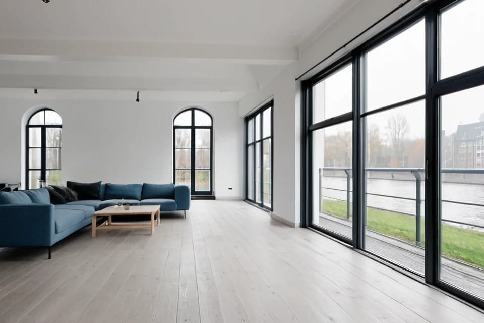 KI-Bild: Loft mit breitem Atelierfenster zum Kanal – Ansicht 1