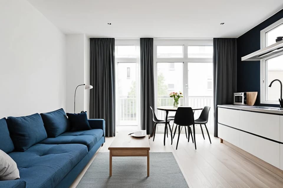 KI-Bild: Ruhiges Zwei-Zimmer-Apartment mit heller Einbauküche – Ansicht 1