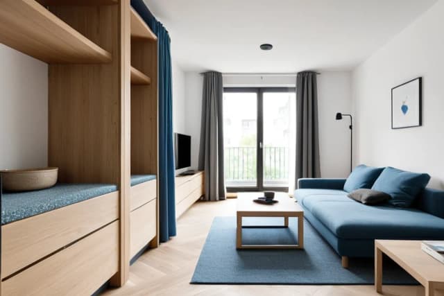 KI-Bild: Reduziertes Apartment mit Eichen-Einbauten