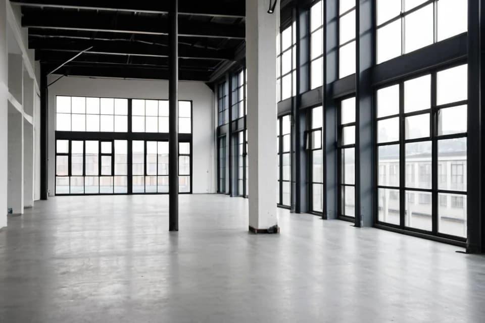 KI-Bild: Weitläufiges Loft mit Stahlstützen und langer Fensterfront – Ansicht 1
